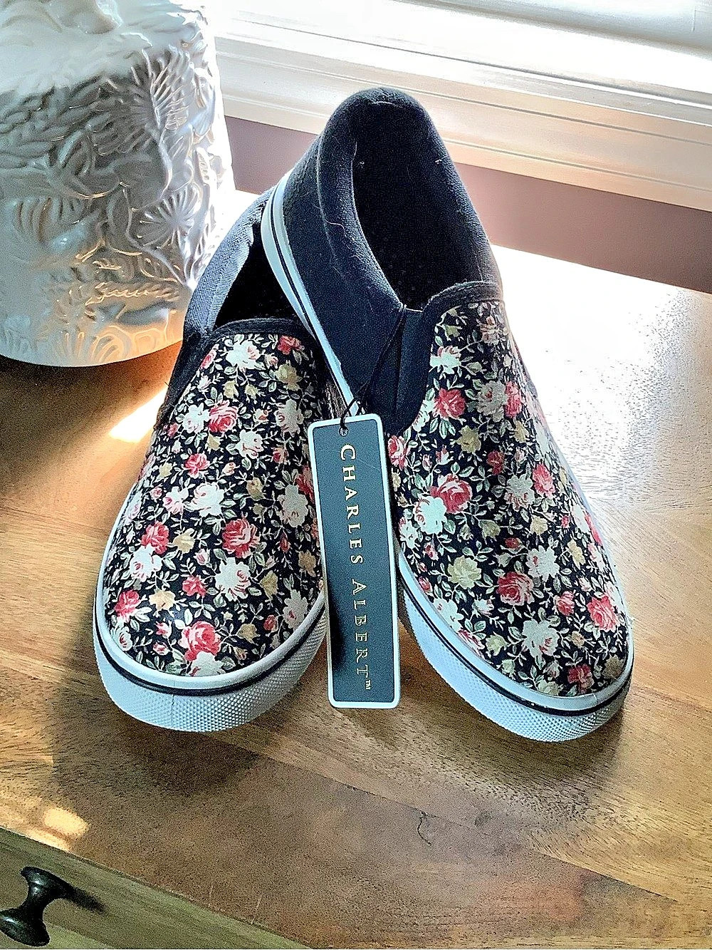 Charles Albert Floral Slip-On Sneakers in Black & Pink NWT
